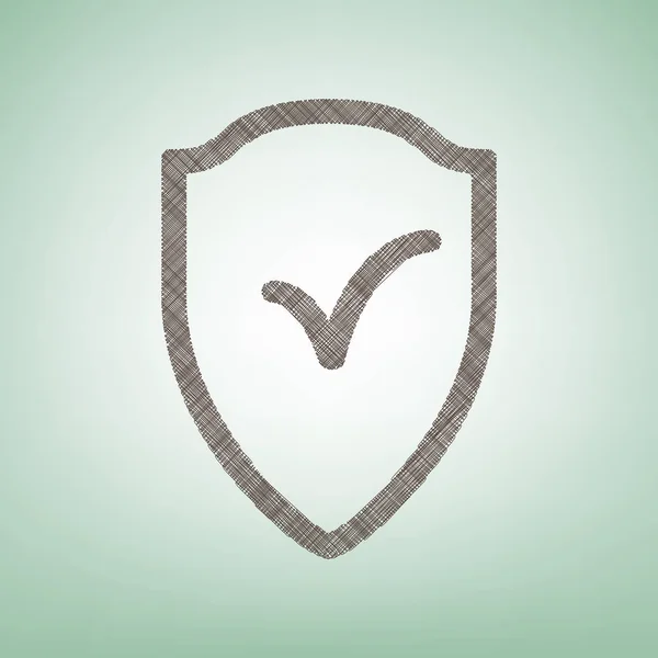 Štít znamení jako symbol ochrany a pojištění. Vektor. Hnědé lněné ikona na zelené pozadí s světle skvrna ve středu. — Stockový vektor