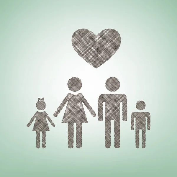 Family symbol with heart. Husband and wife are kept childrens hands. Love. Vector. Brown flax icon on green background with light spot at the center. — Stock Vector