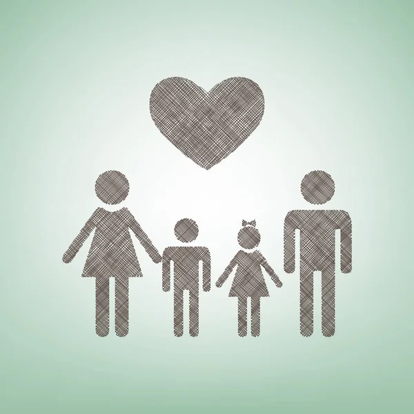 Familie symbool met hart. Man en vrouw zijn hield childrens handen. Vector. Bruin vlas pictogram op groene achtergrond met lichte plek in het midden. — Stockvector