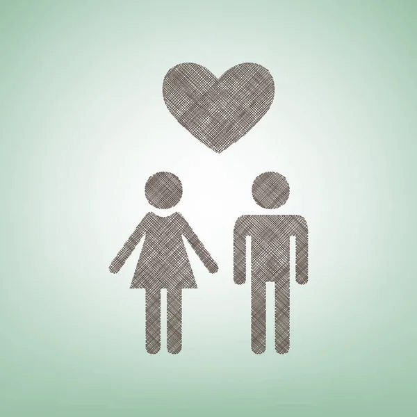 Familie symbool met hart. Man en vrouw zijn elkaars handen gehouden. Liefde. Vector. Bruin vlas pictogram op groene achtergrond met lichte plek in het midden. — Stockvector