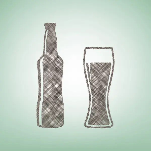 Bier fles teken. Vector. Bruin vlas pictogram op groene achtergrond met lichte plek in het midden. — Stockvector