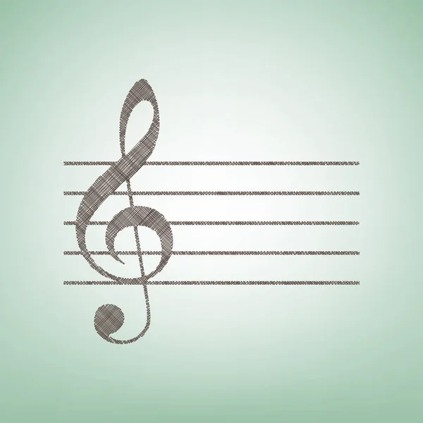 Music violin clef sign. G-clef. Vector. Brown flax icon on green background with light spot at the center. — Stock Vector