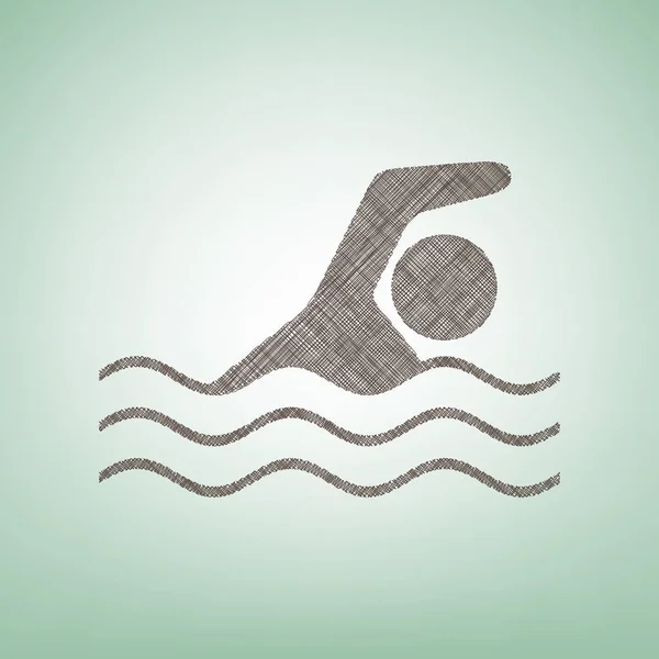 Swimming water sport sign. Vector. Brown flax icon on green background with light spot at the center.