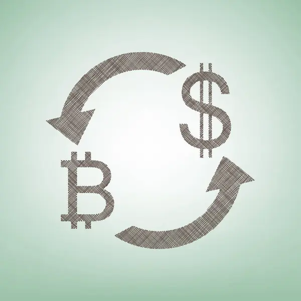 Signo de cambio de divisas. Bitcoin y dólar estadounidense. Vector. Icono de lino marrón sobre fondo verde con punto de luz en el centro . — Vector de stock