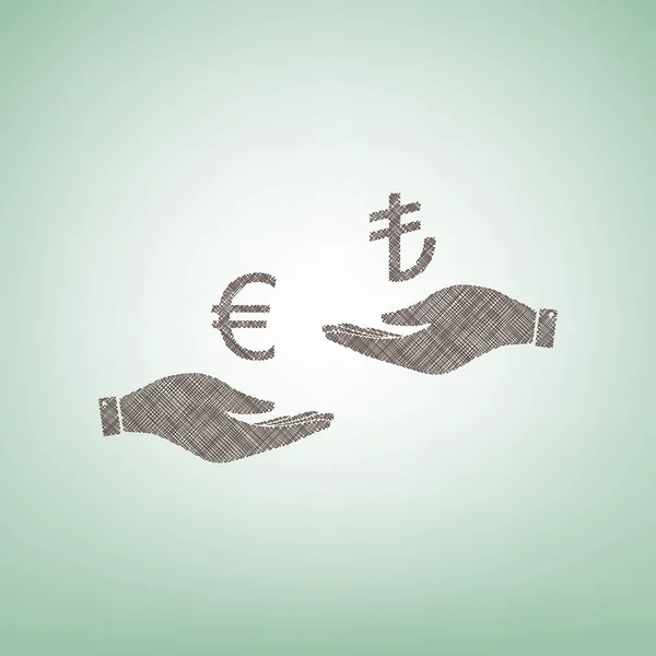 Change de devises de main en main. Euro et Lira. Vecteur. Icône de lin brun sur fond vert avec tache lumineuse au centre . — Image vectorielle