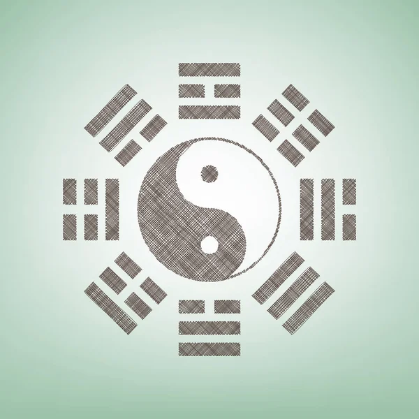 Firma de Yin y Yang con arreglo de bagua. Vector. Icono de lino marrón sobre fondo verde con punto de luz en el centro . — Vector de stock