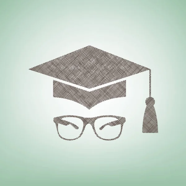 Mortar Board or Graduation Cap with glass. Vector. Brown flax icon on green background with light spot at the center. — Stock Vector