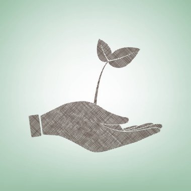 çevre koruma bir el işareti Filiz. Vektör. Işık spot Merkezi yeşil zemin üzerine kahverengi keten simgesi.