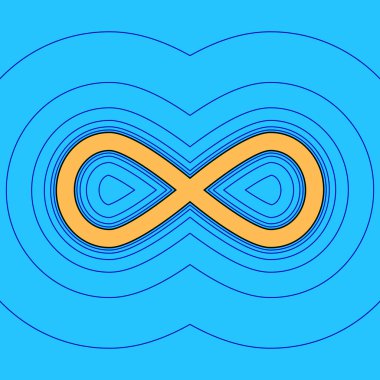 Sınırsız sembolü şekil. Vektör. Kum renkli simge siyah kontur ve eşit uzaklıkta mavi kontür alan gökyüzü mavi arka plan, gibi. Harita - ada okyanus veya deniz gibi dalgalar.