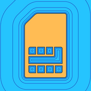 SIM kart işareti. Vektör. Kum renkli simge siyah kontur ve eşit uzaklıkta mavi kontür alan gökyüzü mavi arka plan, gibi. Harita - ada okyanus veya deniz gibi dalgalar.