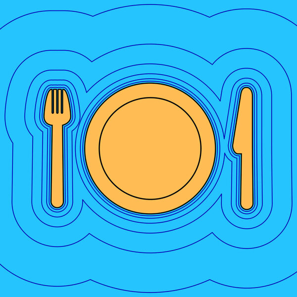 Fork, plate and knife. Vector. Sand color icon with black contour and equidistant blue contours like field at sky blue background. Like waves on map - island in ocean or sea.