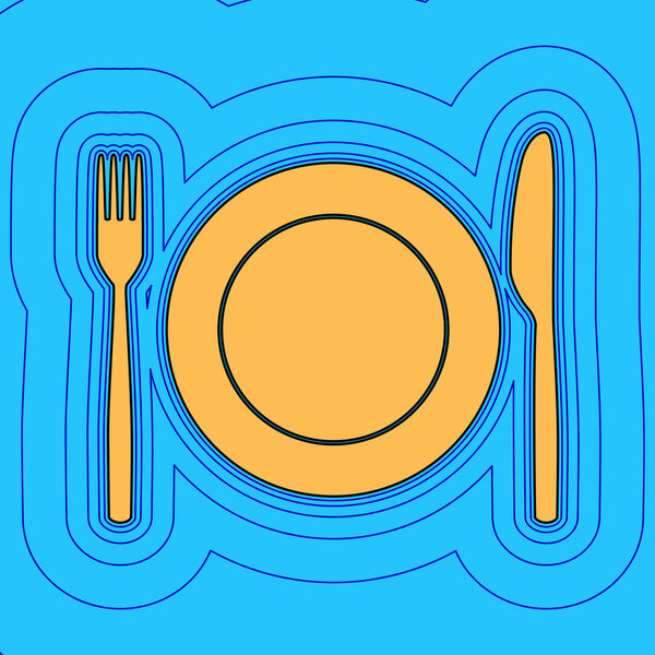 Fork, Knife and Plate sign. Vector. Sand color icon with black contour and equidistant blue contours like field at sky blue background. Like waves on map - island in ocean or sea.
