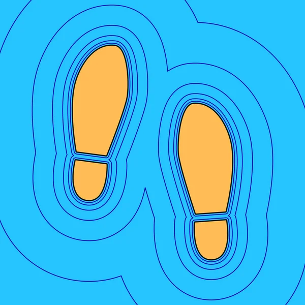 Signo de zapatos de suela de impresión. Vector. Icono de color arena con contorno negro y contornos azules equidistantes como campo en el fondo azul cielo. Como olas en el mapa - isla en el océano o el mar . — Vector de stock