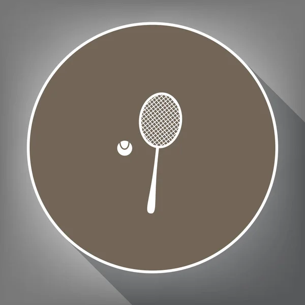 Raqueta de tenis con rótulo de pelota. Vector. Icono blanco sobre círculo marrón con contorno blanco y sombra larga sobre fondo gris. Como la vista superior en la postura . — Vector de stock