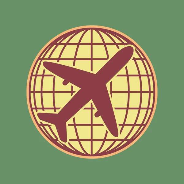 Globe and plane travel sign. Vector. Cordovan icon and mellow ap — Stock Vector