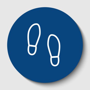 Ayak ayakkabı işareti Künye. Vektör. Karanlık gök mavisi circle adlı beyaz arka plan beyaz kontur simgesini. İzole.