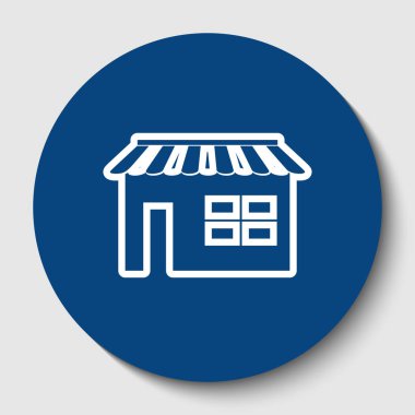 Mağaza işareti illüstrasyon. Vektör. Karanlık gök mavisi circle adlı beyaz arka plan beyaz kontur simgesini. İzole.