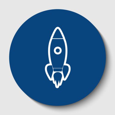 Roket işareti illüstrasyon. Vektör. Karanlık gök mavisi circle adlı beyaz arka plan beyaz kontur simgesini. İzole.