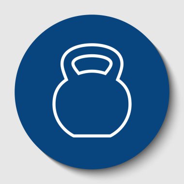 Fitness Dumbbell işareti. Vektör. Karanlık gök mavisi circle adlı beyaz arka plan beyaz kontur simgesini. İzole.