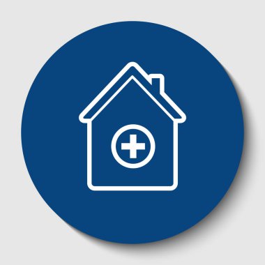 Hastane illüstrasyon işareti. Vektör. Karanlık gök mavisi circle adlı beyaz arka plan beyaz kontur simgesini. İzole.