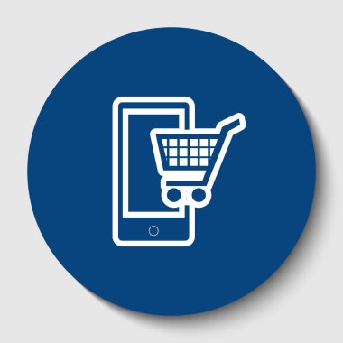 Akıllı telefon tabelada alışveriş. Vektör. Karanlık gök mavisi circle adlı beyaz arka plan beyaz kontur simgesini. İzole.