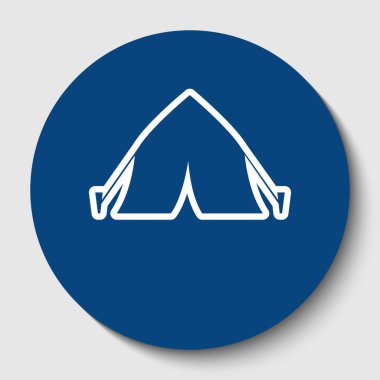 Turist çadır işareti. Vektör. Karanlık gök mavisi circle adlı beyaz arka plan beyaz kontur simgesini. İzole.