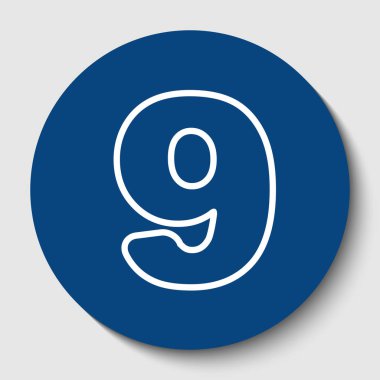 9 numara işareti tasarım şablonu öğesi. Vektör. Karanlık gök mavisi circle adlı beyaz arka plan beyaz kontur simgesini. İzole.