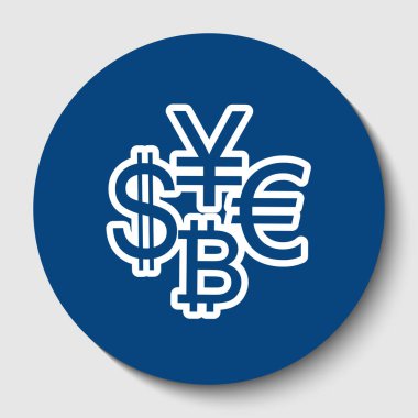 Para birimi koleksiyon Doları, euro, bitcoin, yen oturum açın. Vektör. Karanlık gök mavisi circle adlı beyaz arka plan beyaz kontur simgesini. İzole.