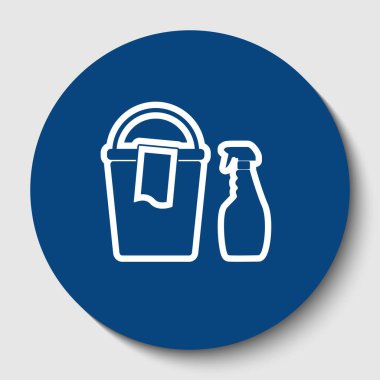 Kova ve ev kimyasal şişe ile bir bez. Vektör. Karanlık gök mavisi circle adlı beyaz arka plan beyaz kontur simgesini. İzole.