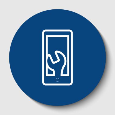 Ayarları ile telefon simgesi. Vektör. Karanlık gök mavisi circle adlı beyaz arka plan beyaz kontur simgesini. İzole.