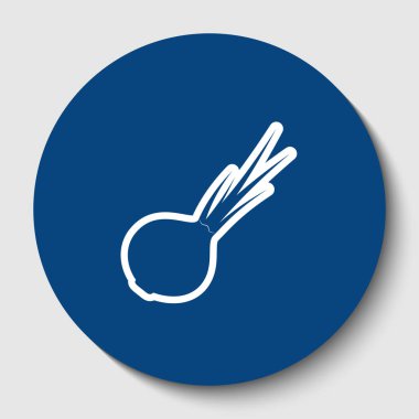 Soğan işareti. Salata madde. Sağlıklı sebze. Vektör. Karanlık gök mavisi circle adlı beyaz arka plan beyaz kontur simgesini. İzole.