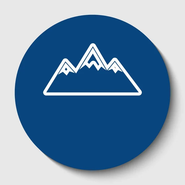 Illustration de signe de montagne. Vecteur. Icône de contour blanc en cercle céruléen foncé sur fond blanc. Isolé . — Image vectorielle