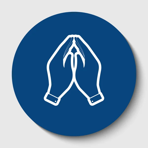 Hand icon illustration. Prayer symbol. Vector. White contour icon in dark cerulean circle at white background. Isolated. — Stock Vector