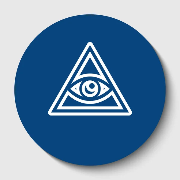 All seeing eye pyramid symbol. Freemason and spiritual. Vector. White contour icon in dark cerulean circle at white background. Isolated. — Stock Vector