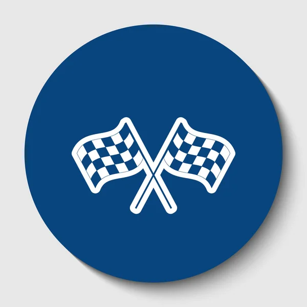 Crossed checkered flags logo waving in the wind conceptual of motor sport. Vector. White contour icon in dark cerulean circle at white background. Isolated. — Stock Vector