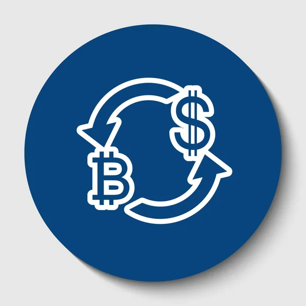 Signo de cambio de divisas. Bitcoin y dólar estadounidense. Vector. Icono de contorno blanco en círculo cerúleo oscuro en fondo blanco. Aislado . — Vector de stock