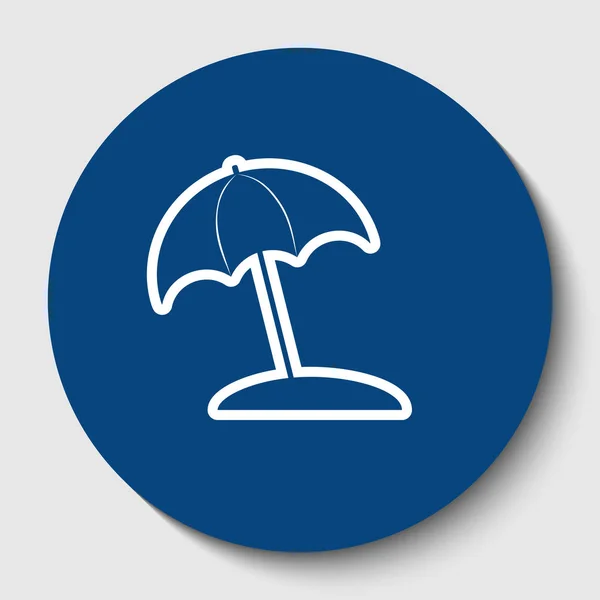 Umbrella and sun lounger sign. Vector. White contour icon in dark cerulean circle at white background. Isolated. — Stock Vector