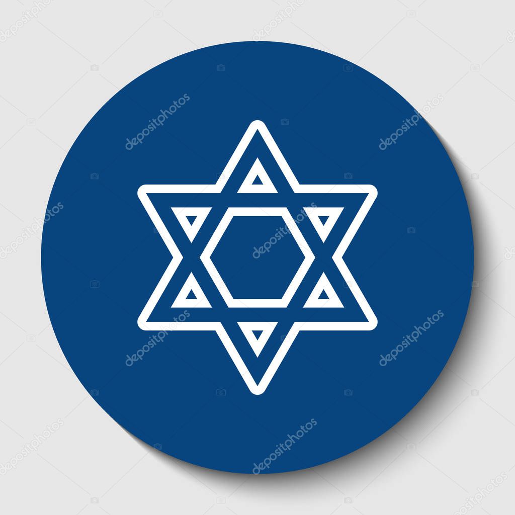 Shield Magen David Star. Symbol of Israel. Vector. White contour icon in dark cerulean circle at white background. Isolated.
