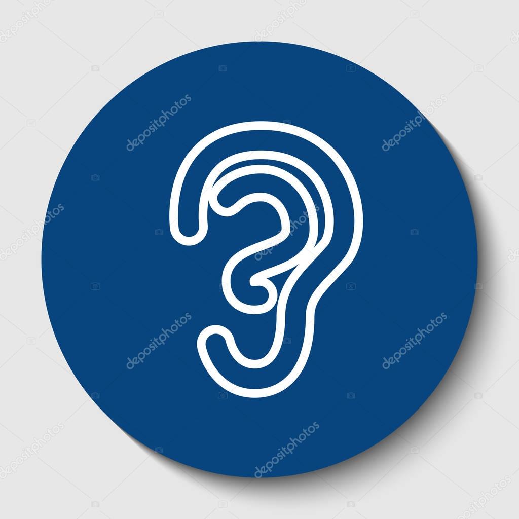 Human anatomy. Ear sign. Vector. White contour icon in dark cerulean circle at white background. Isolated.