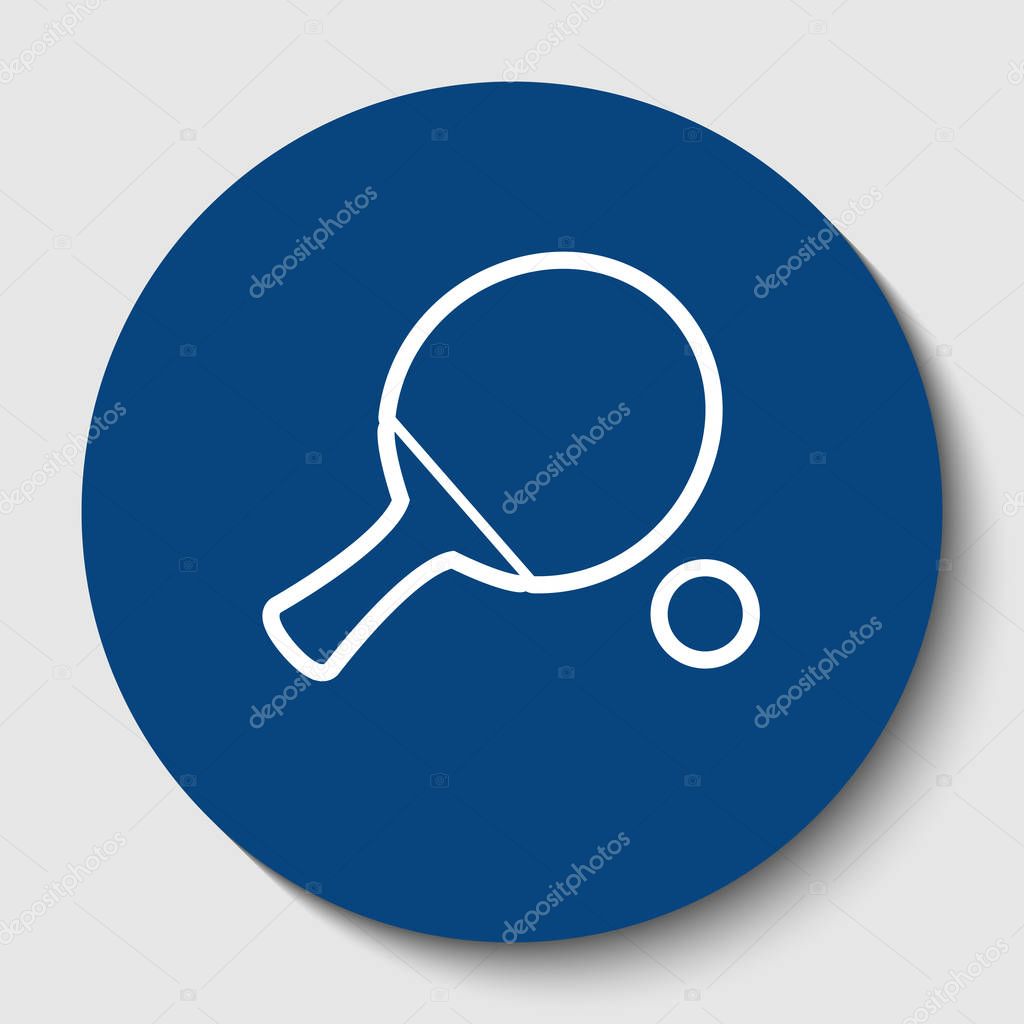 Ping pong paddle with ball. Vector. White contour icon in dark cerulean circle at white background. Isolated.