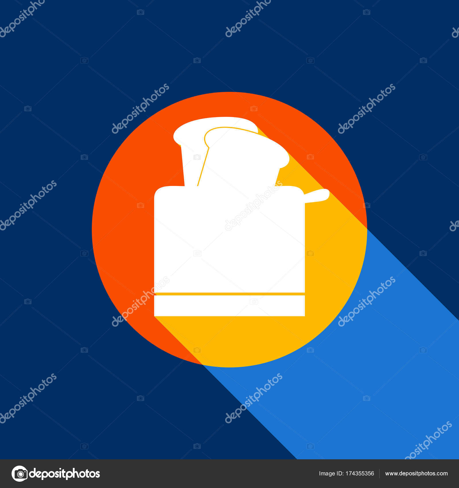 Toaster Simple Sign Vector White Icon On Tangelo Circle With Infinite Shadow Of Light At Cool Black Background Selective Yellow And Bright Navy Blue Are Toaster Simple Sign Vector White Icon On Tangelo Circle With Infinite Shadow Of Light At Cool Black Background Selective Yellow And Bright Navy Blue Are