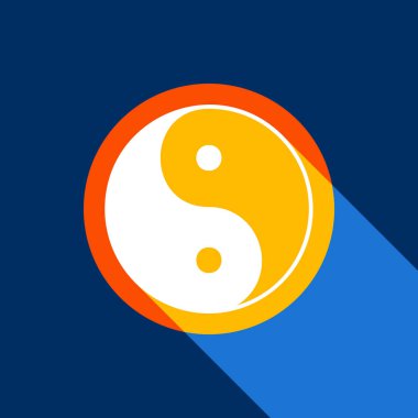 Ying yang sembolü uyum ve denge. Vektör. Tangelo daire ile sonsuz gölge ışık serin siyah arka plan, beyaz simgesi. Seçici sarı ve parlak lacivert üretilmektedir.