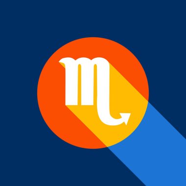 Akrep işareti illüstrasyon. Vektör. Tangelo daire ile sonsuz gölge ışık serin siyah arka plan, beyaz simgesi. Seçici sarı ve parlak lacivert üretilmektedir.