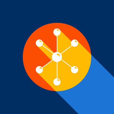 Molekül işareti illüstrasyon. Vektör. Tangelo daire ile sonsuz gölge ışık serin siyah arka plan, beyaz simgesi. Seçici sarı ve parlak lacivert üretilmektedir.