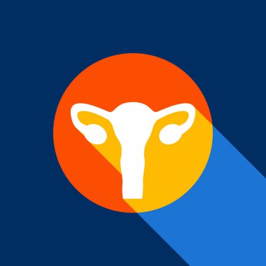 İnsan anatomisi. Rahim işareti. Vektör. Tangelo daire ile sonsuz gölge ışık serin siyah arka plan, beyaz simgesi. Seçici sarı ve parlak lacivert üretilmektedir.