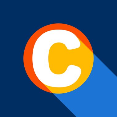 Harf C işareti şablon öğesi tasarım. Vektör. Tangelo daire ile sonsuz gölge ışık serin siyah arka plan, beyaz simgesi. Seçici sarı ve parlak lacivert üretilmektedir.