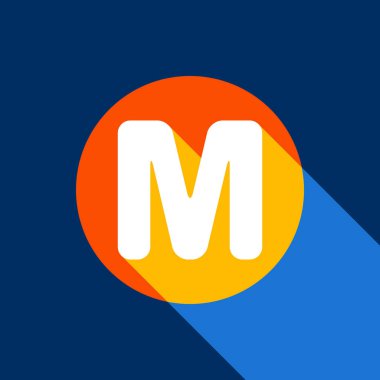 Harf M işareti şablon öğesi tasarım. Vektör. Tangelo daire ile sonsuz gölge ışık serin siyah arka plan, beyaz simgesi. Seçici sarı ve parlak lacivert üretilmektedir.