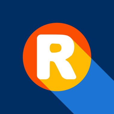 R harfi işareti şablon öğesi tasarım. Vektör. Tangelo daire ile sonsuz gölge ışık serin siyah arka plan, beyaz simgesi. Seçici sarı ve parlak lacivert üretilmektedir.