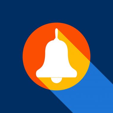 Bell Alarm, bell işaret. Vektör. Tangelo daire ile sonsuz gölge ışık serin siyah arka plan, beyaz simgesi. Seçici sarı ve parlak lacivert üretilmektedir.