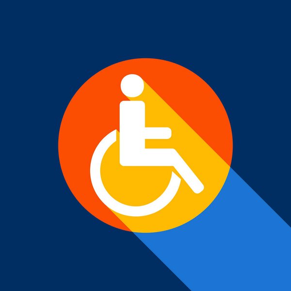Disabled sign illustration. Vector. White icon on tangelo circle with infinite shadow of light at cool black background. Selective yellow and bright navy blue are produced.